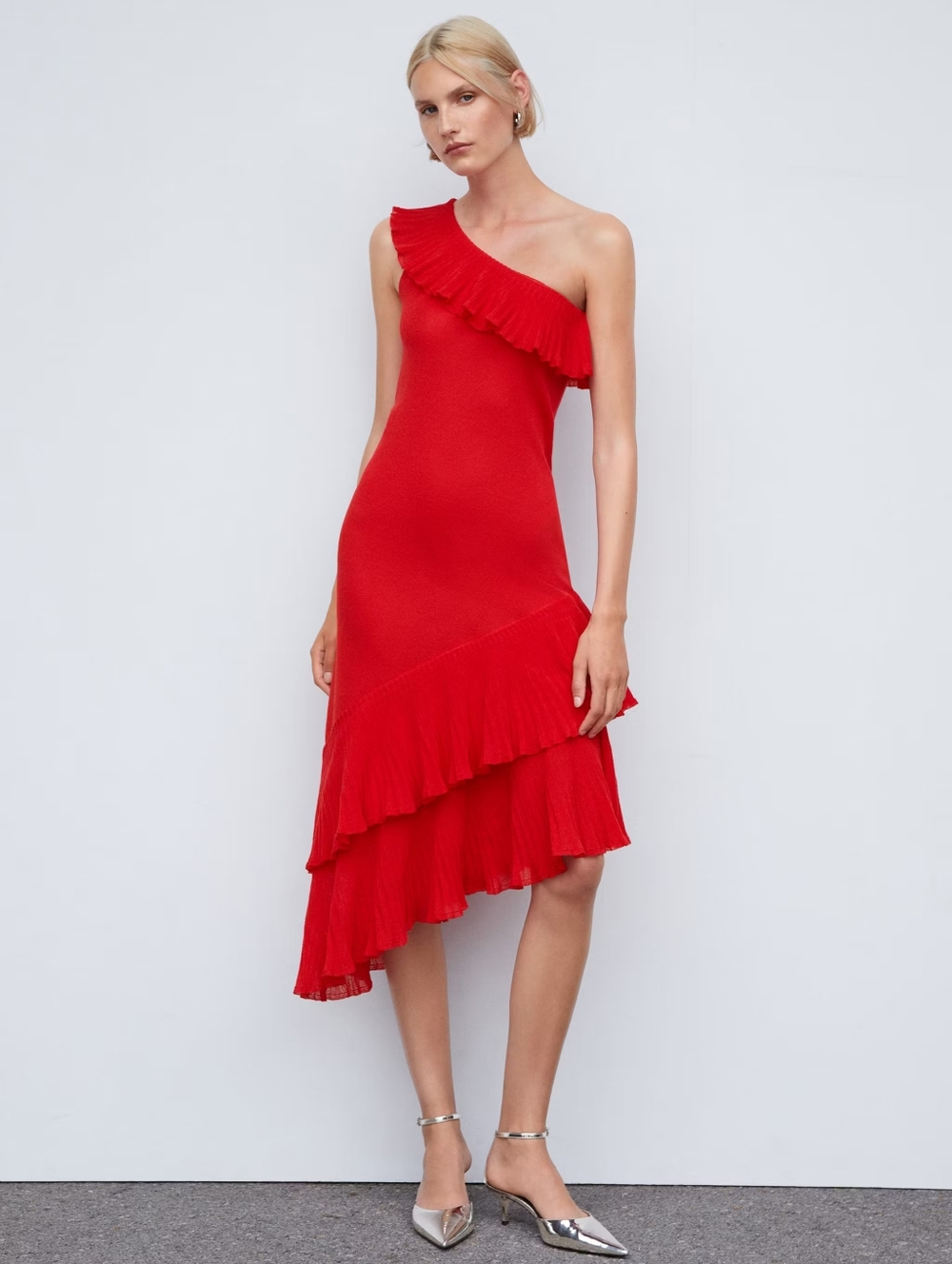 Mango Red One-Shoulder Asymmetrical Ruffle Dress